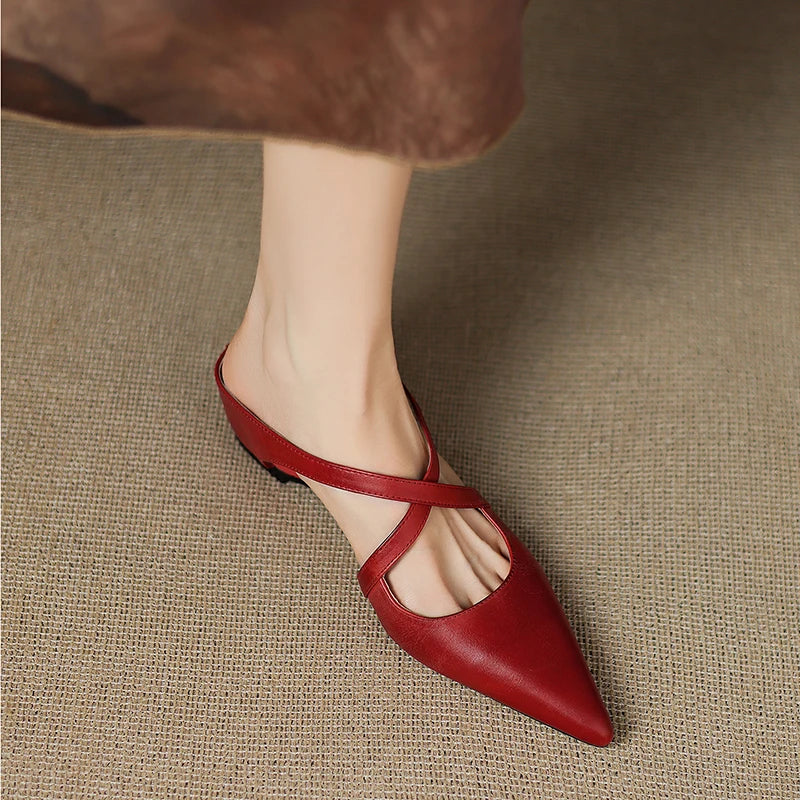 Serena | Elegant Red Leather Pointed Toe Cross-Strap Mules