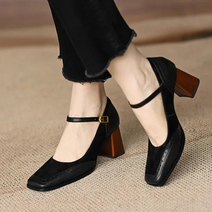 Margot | Chic Brown Mary Jane Block Heels With Square Toe
