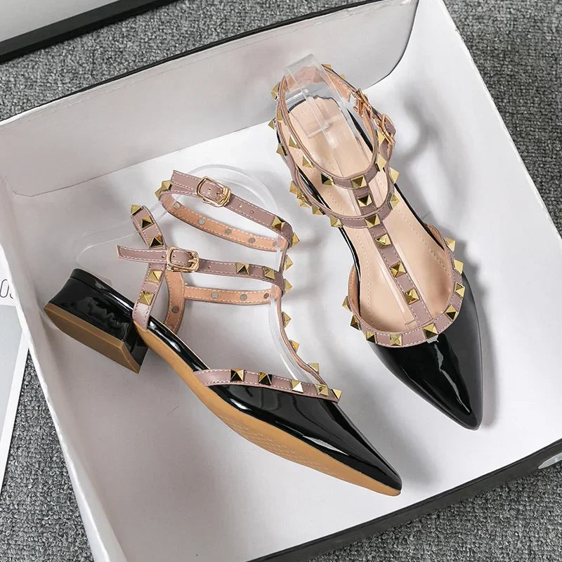 Yela | Chic Red Patent Leather Studded Block Heels With Ankle Straps