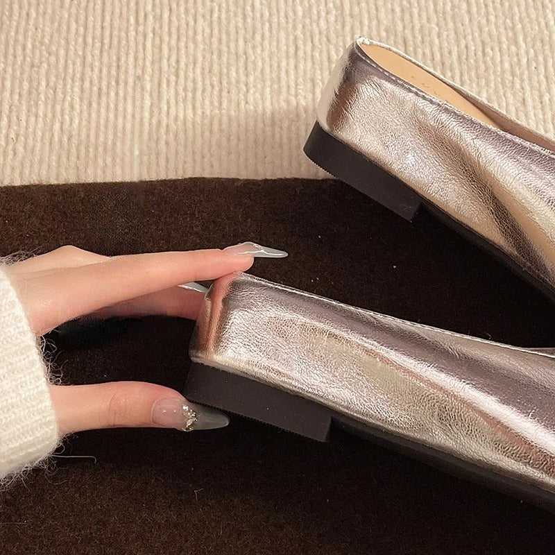 Serena | Elegant Gold Square Toe Metallic Mules With Kitten Heel