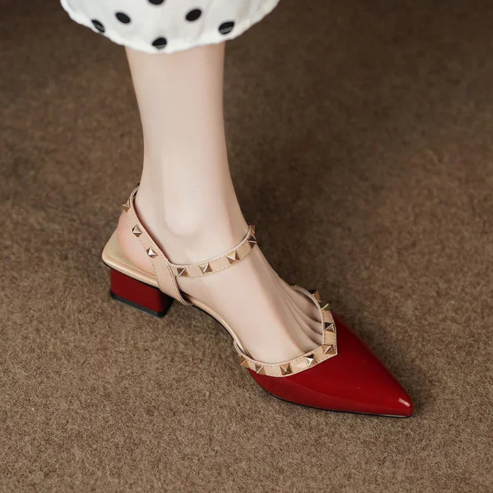 Margot | Elegant Pointed Toe Block Heel Pumps with Studded Straps