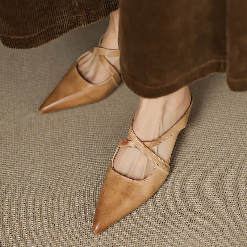 Serena | Elegant Red Leather Pointed Toe Cross-Strap Mules