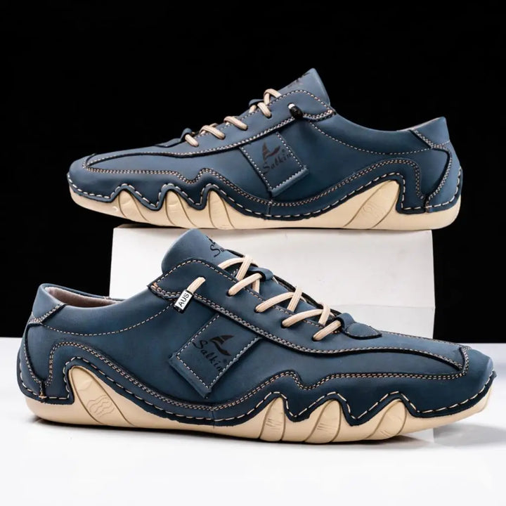 Men's Handcrafted Blue Leather Driving Shoes with Wave Sole