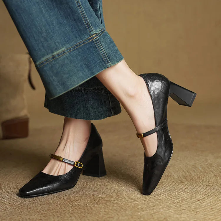 Auria | Elegant Square-Toe Mary Jane Block Heel Pumps