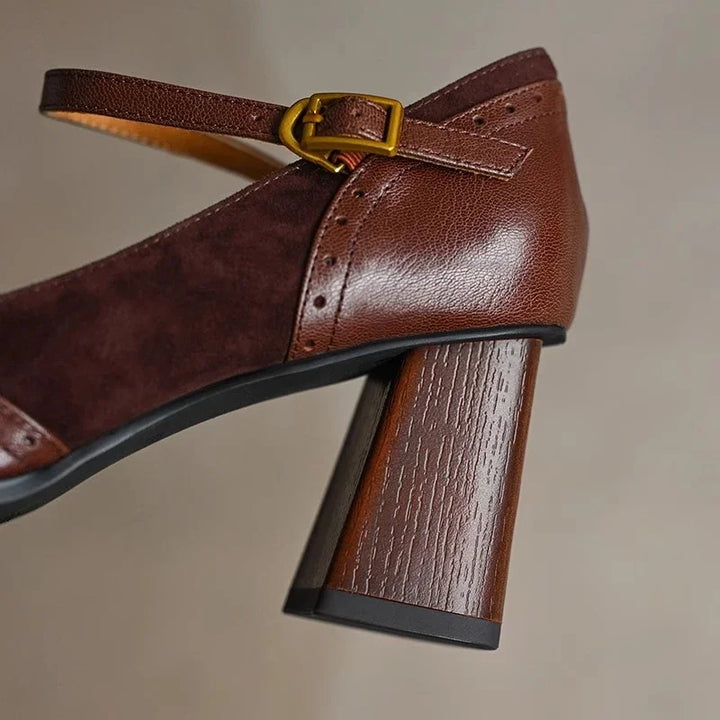 Terra | Elegant Brown Block Heel Mary Jane Pumps With Square Toe