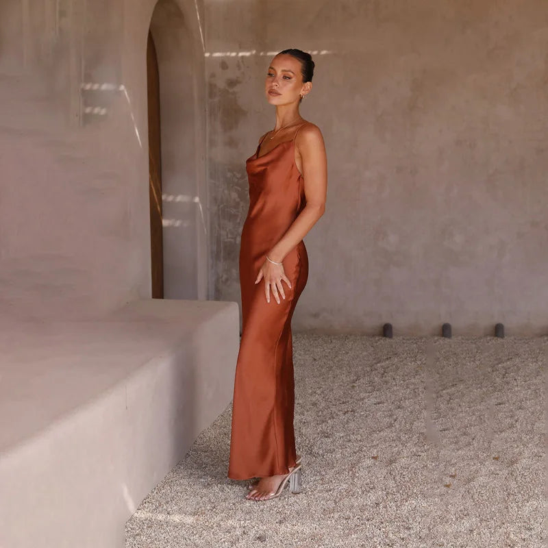 Sybil | Elegant Cowl Neck Satin Maxi Gown