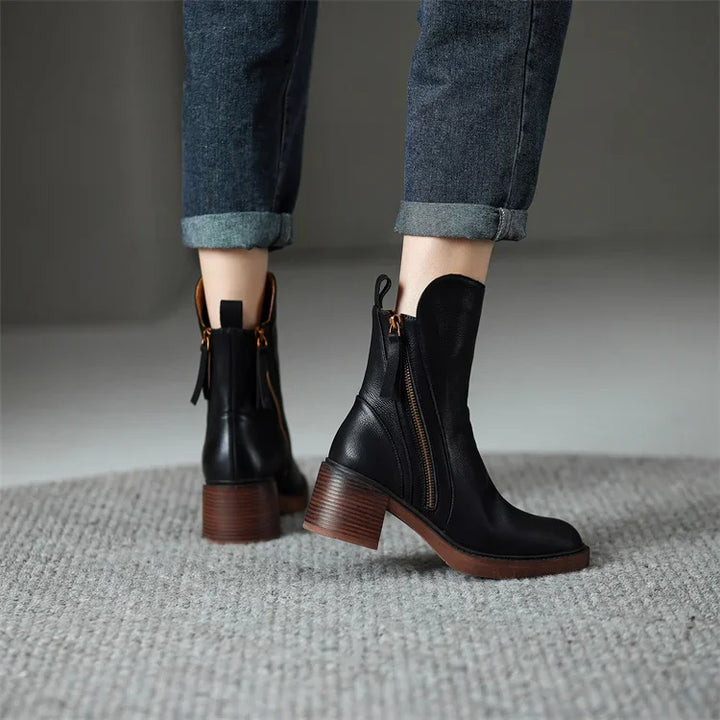 Tessa | Sleek Block Heel Ankle Boots With Double Side Zippers