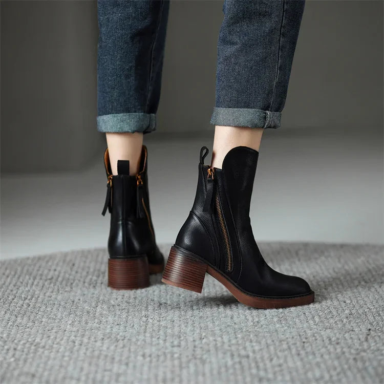 Stella | Sleek Double-Zip Block Heel Ankle Boots