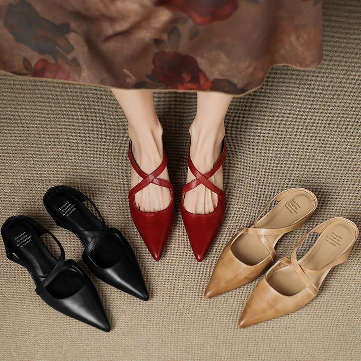 Serena | Elegant Red Leather Pointed Toe Cross-Strap Mules