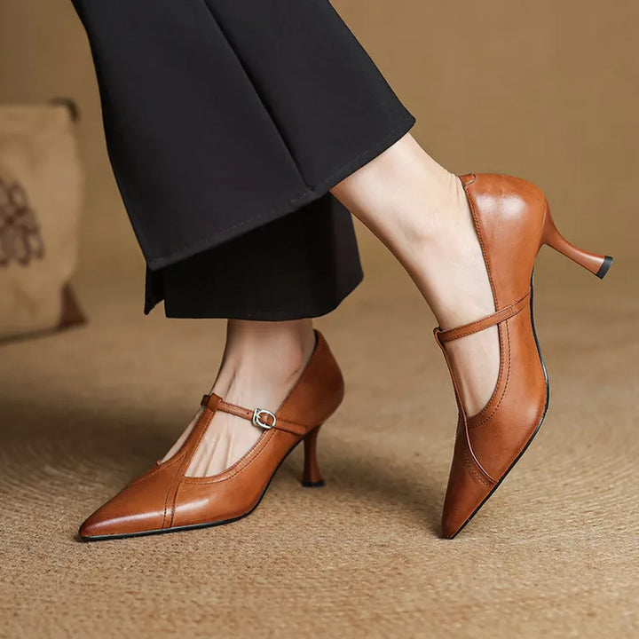 Theodora | Elegant Pointed Toe T-Strap Kitten Heels
