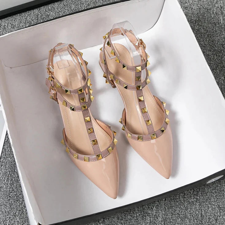 Yela | Chic Red Patent Leather Studded Block Heels With Ankle Straps