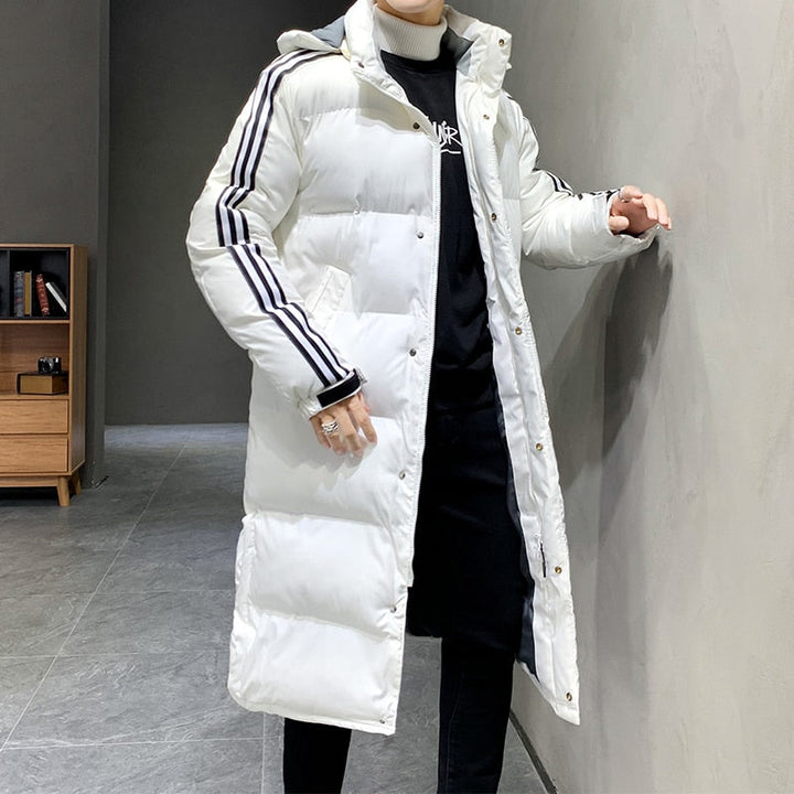 Stella | Sleek Long Hooded Puffer Coat With Stripe Detail