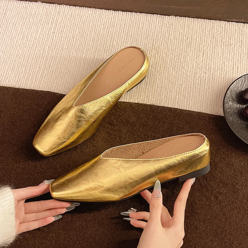 Serena | Elegant Gold Square Toe Metallic Mules With Kitten Heel