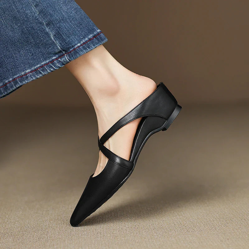 Serena | Elegant Red Leather Pointed Toe Cross-Strap Mules