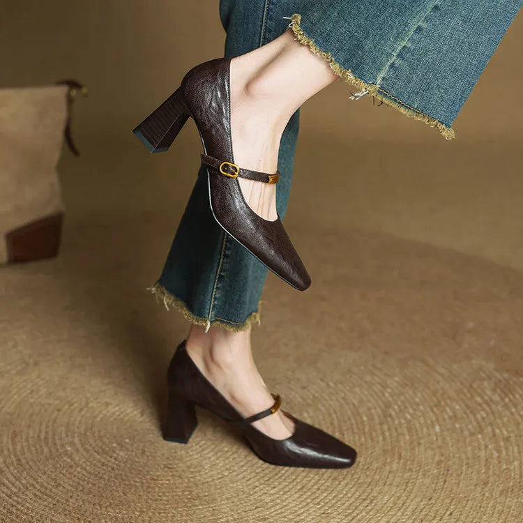 Auria | Elegant Square-Toe Mary Jane Block Heel Pumps