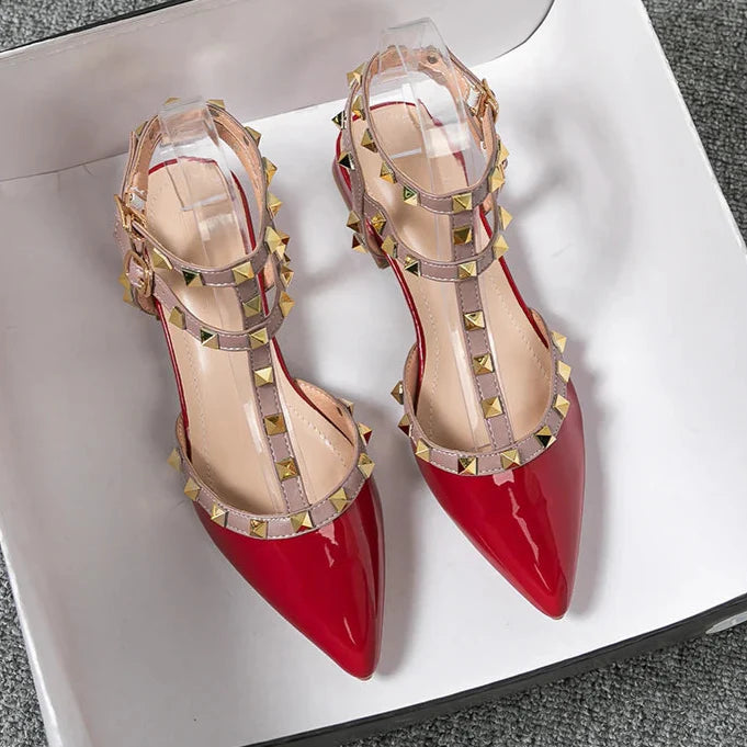 Yela | Chic Red Patent Leather Studded Block Heels With Ankle Straps
