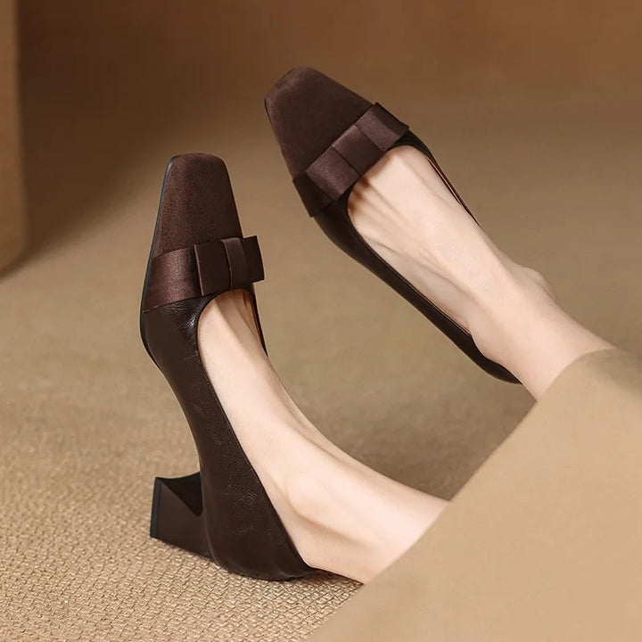 Eloise | Elegant Square Toe Block Heel Pumps With Bow Detail