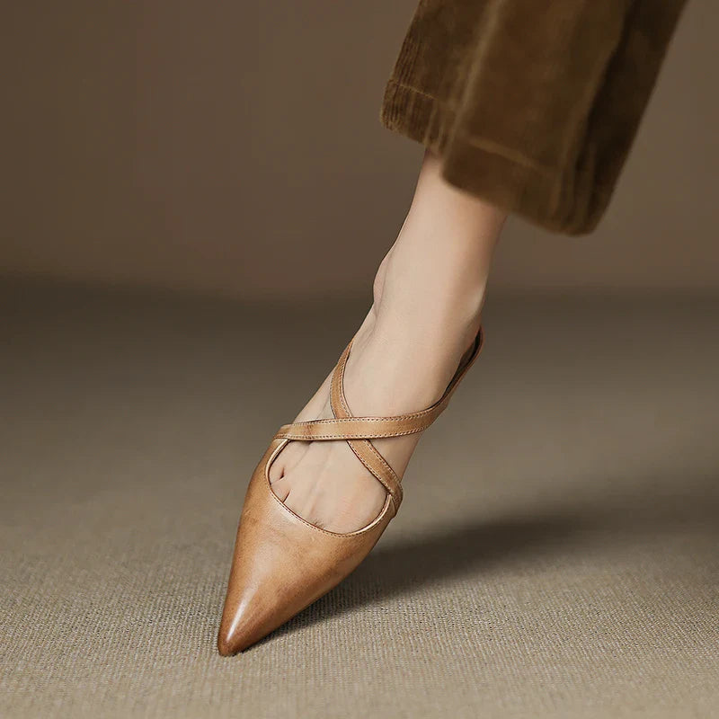 Serena | Elegant Red Leather Pointed Toe Cross-Strap Mules