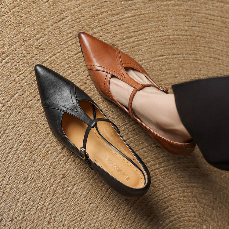 Theodora | Elegant Pointed Toe T-Strap Kitten Heels