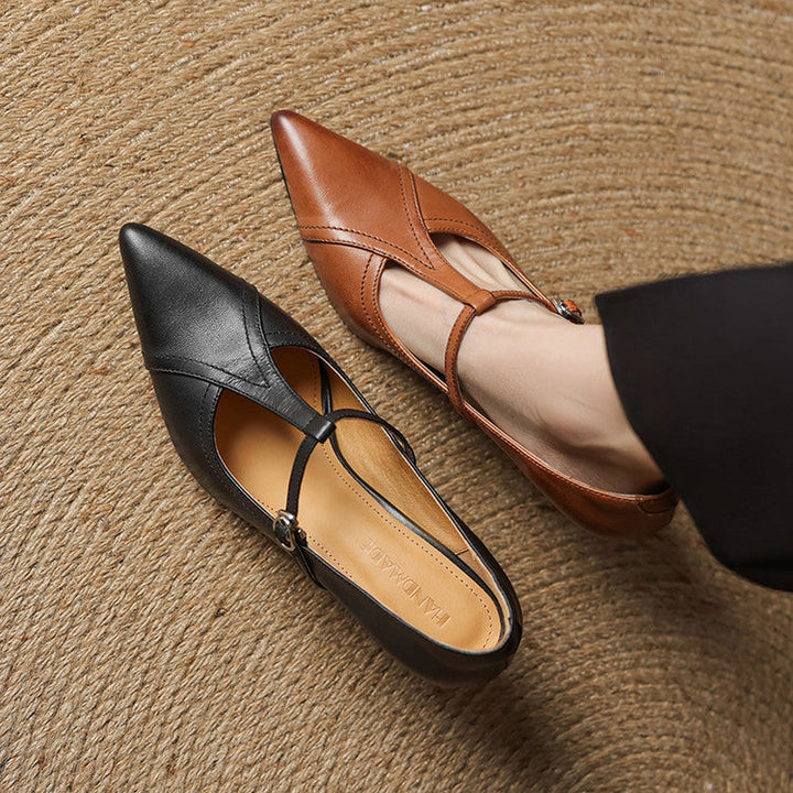 Theodora | Elegant Pointed Toe T-Strap Kitten Heels