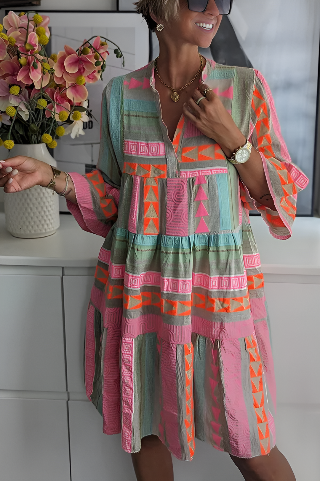 Elyse | Bohemian Geometric Print Tiered Bell Sleeve Dress
