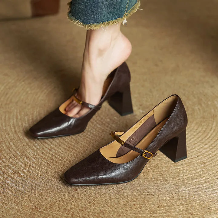 Auria | Elegant Square-Toe Mary Jane Block Heel Pumps