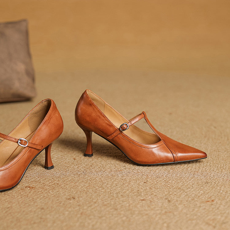 Theodora | Elegant Pointed Toe T-Strap Kitten Heels