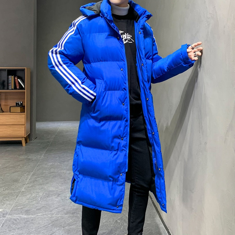 Phoebe | Sleek Men's Long Hooded Puffer Coat With Sport Stripes