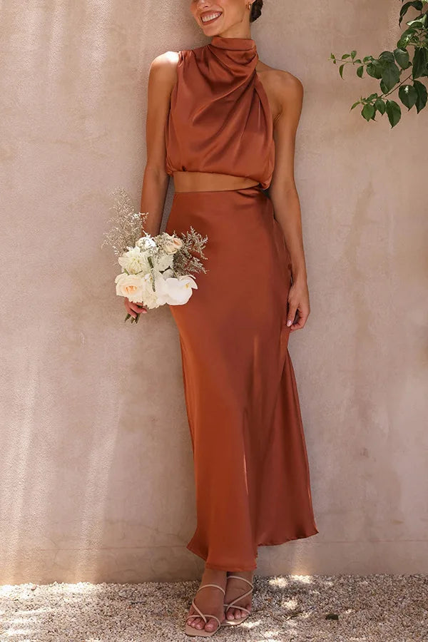 Rosalie | Elegant Halter Two Piece Satin Maxi Set