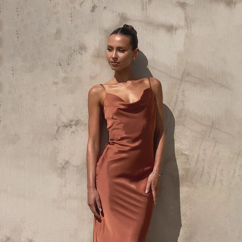 Sybil | Elegant Cowl Neck Satin Maxi Gown