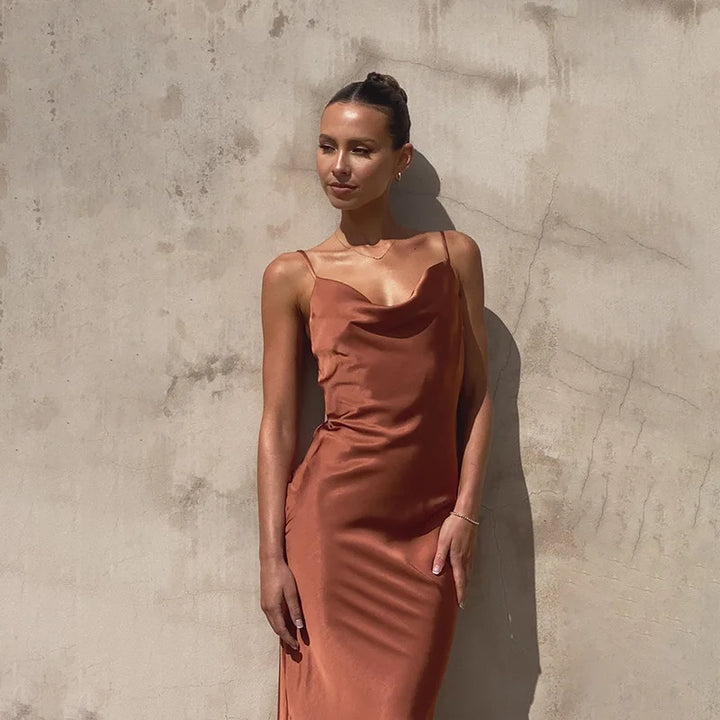 Sybil | Elegant Cowl Neck Satin Maxi Gown