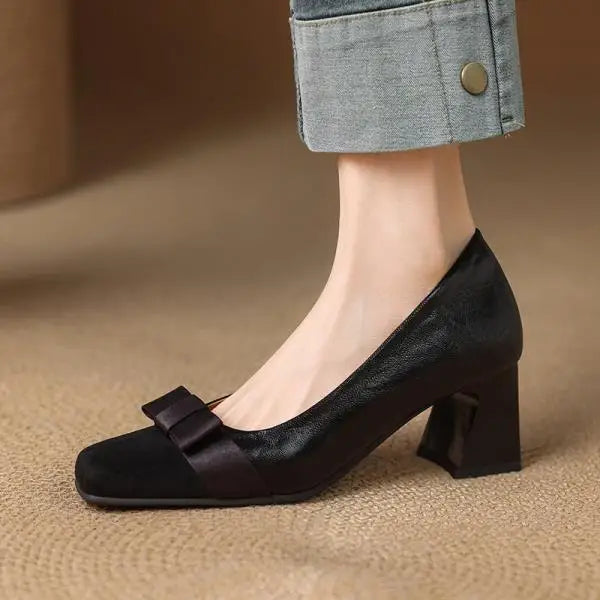 Eloise | Elegant Square Toe Block Heel Pumps With Bow Detail