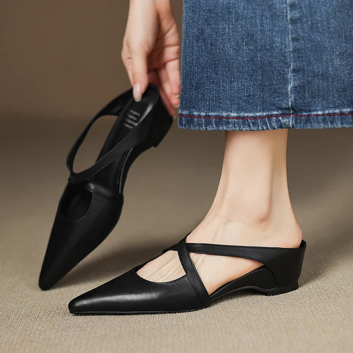 Serena | Elegant Red Leather Pointed Toe Cross-Strap Mules