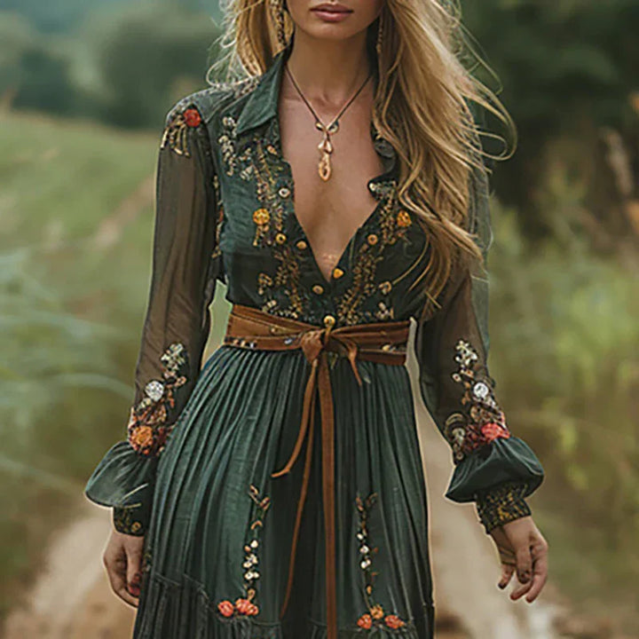 Rosalina | Elegant Embroidered V-Neck Boho Maxi Dress