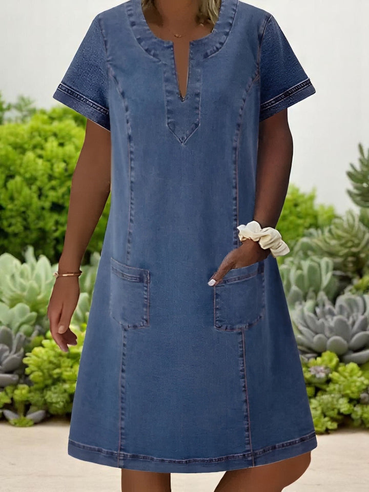 Phoebe | Effortless V-Neck Denim Midi Dress With Pockets
