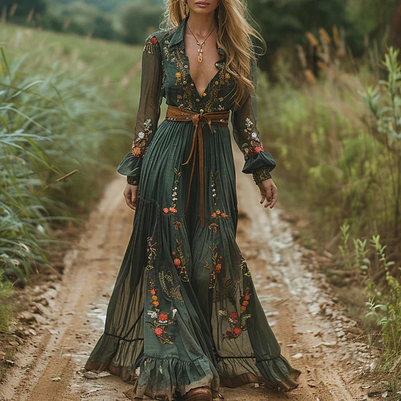 Rosalina | Elegant Embroidered V-Neck Boho Maxi Dress
