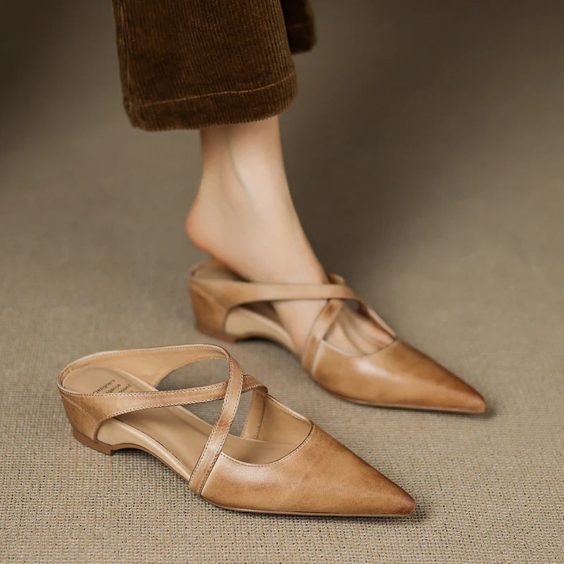 Serena | Elegant Red Leather Pointed Toe Cross-Strap Mules