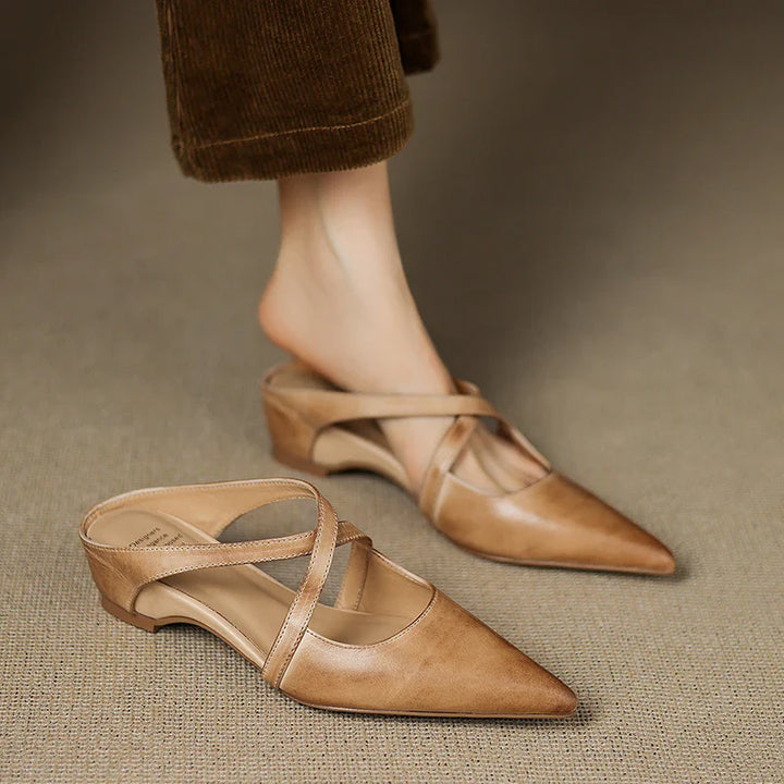 Serena | Elegant Red Leather Pointed Toe Cross-Strap Mules