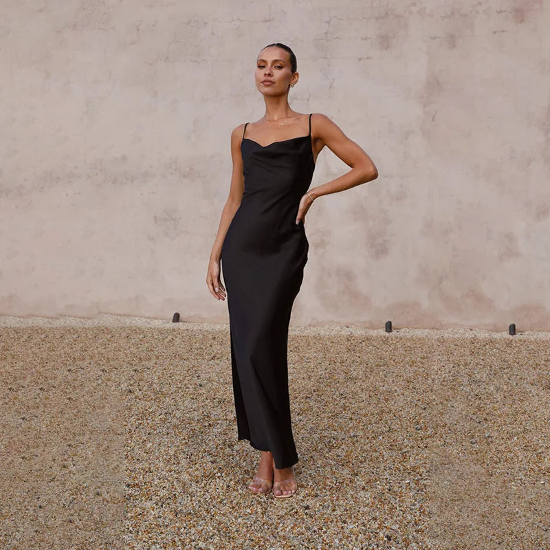 Sybil | Elegant Cowl Neck Satin Maxi Gown