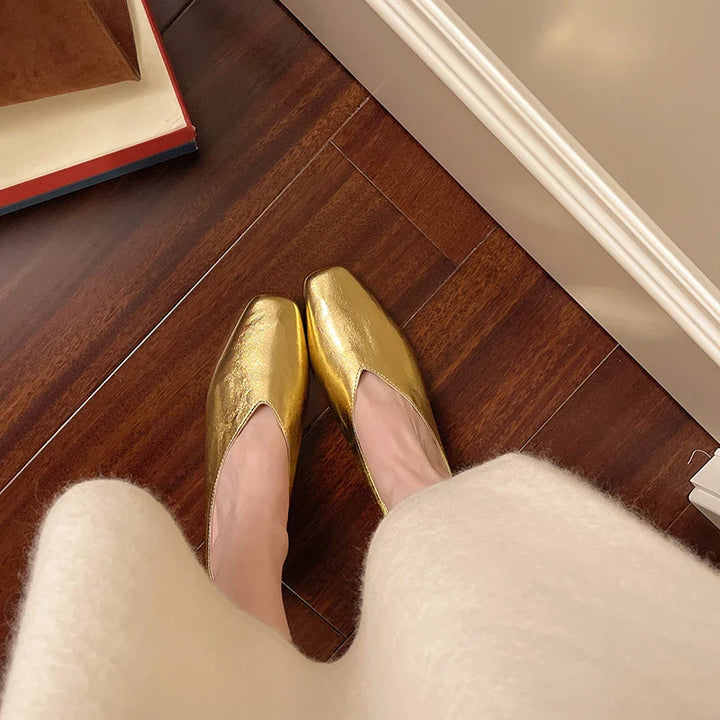 Serena | Elegant Gold Square Toe Metallic Mules With Kitten Heel