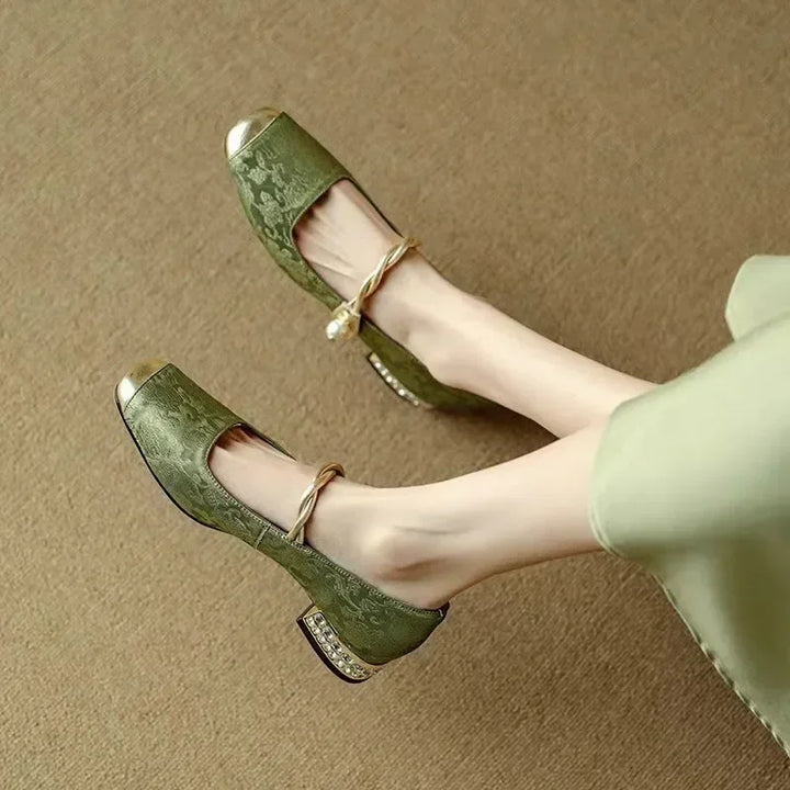Elena | Elegant Pearl Embellished Mary Jane Low Heel Pumps