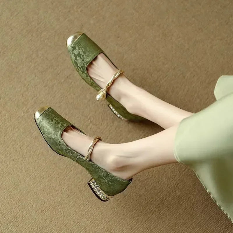 Naila | Elegant Pearl Strap Mary Jane Low Heel Pumps