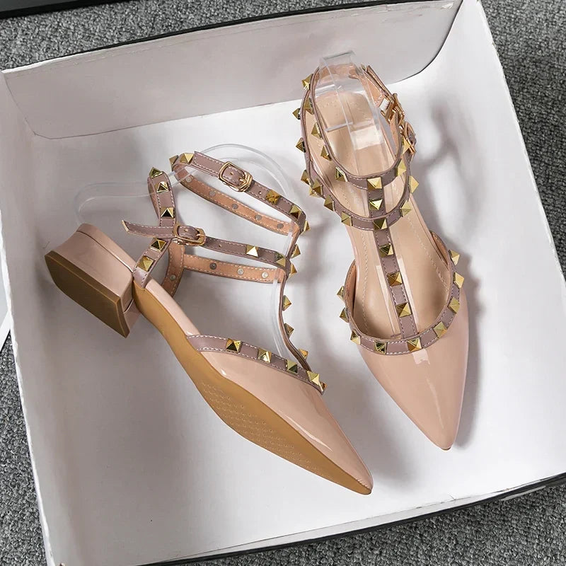 Margot | Chic Red Patent Leather Studded Block Heels