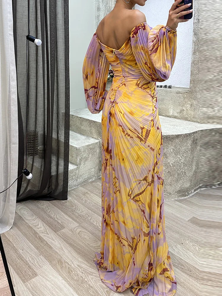 Sybil | Elegant Off-Shoulder Draped Maxi Gown With V-Neck