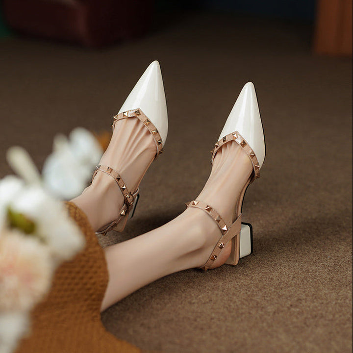 Margot | Elegant Pointed Toe Block Heel Pumps with Studded Straps