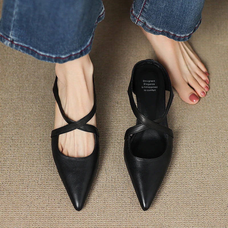 Serena | Elegant Red Leather Pointed Toe Cross-Strap Mules