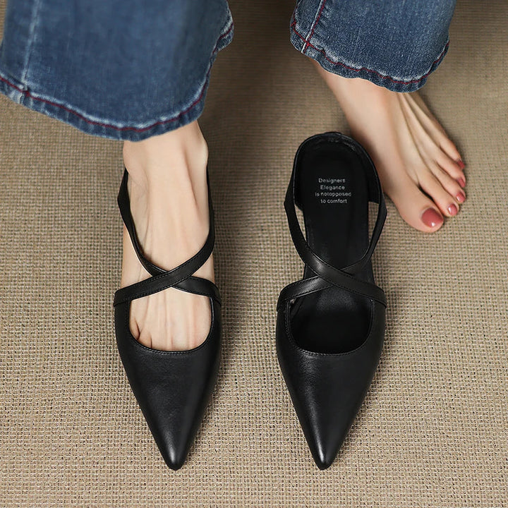 Serena | Elegant Red Leather Pointed Toe Cross-Strap Mules
