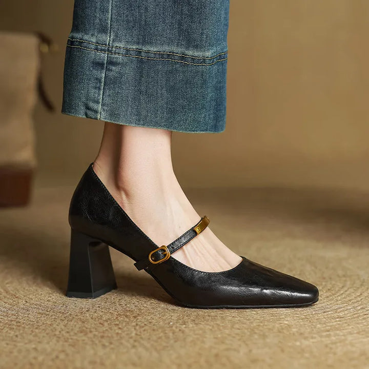 Auria | Elegant Square-Toe Mary Jane Block Heel Pumps
