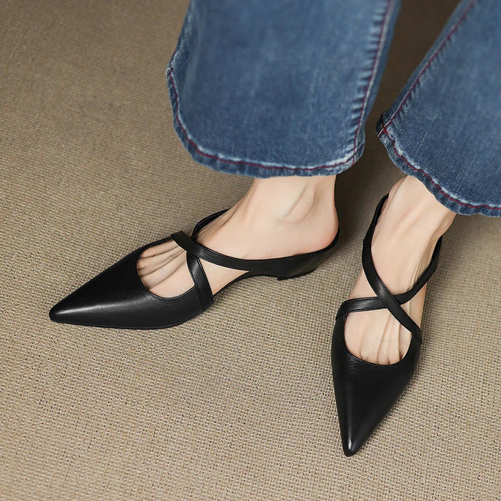 Serena | Elegant Red Leather Pointed Toe Cross-Strap Mules