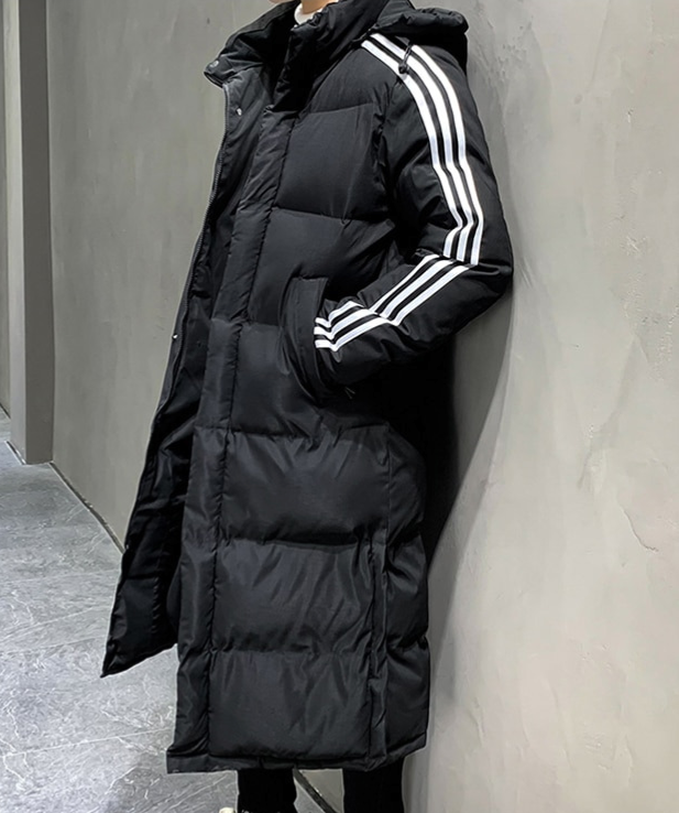 Phoebe | Sleek Men's Long Hooded Puffer Coat With Sport Stripes